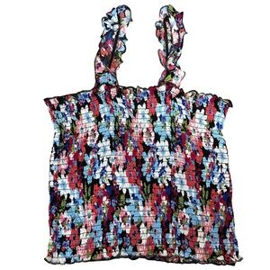 Suzy Shier Floral Smocked Cropped Top Ruffle Strap Stretchy Size M